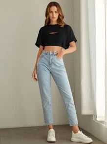 Muchica Solid Cuffed Sleeve Super Crop Top Without Cami - Black - View 3
