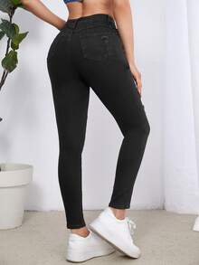 High Waisted Ripped Skinny Jeans - Black - View 2