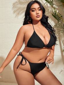 SHEIN Swim Curve Plus Size Plaid Halter Triangle Thong Bikini Set Summer Beach - Black - View 3