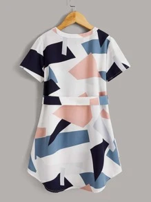 SHEIN Váy thắt lưng cổ in hình cô gái Tween Geo - Màu xanh bụi bặm - Xem 2