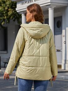 Plus Letter Patch Detail Slant Pockets Hooded Quilted Coat - Mint Green - View 2