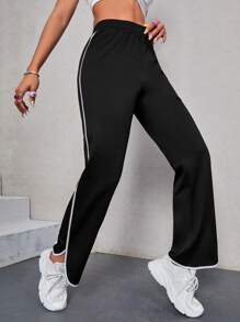 SHEIN ChicEase Pantalones rectos con ribete de contraste - Negro - Ver 4