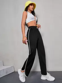 SHEIN ChicEase Pantalones rectos con ribete de contraste - Negro - Ver 5