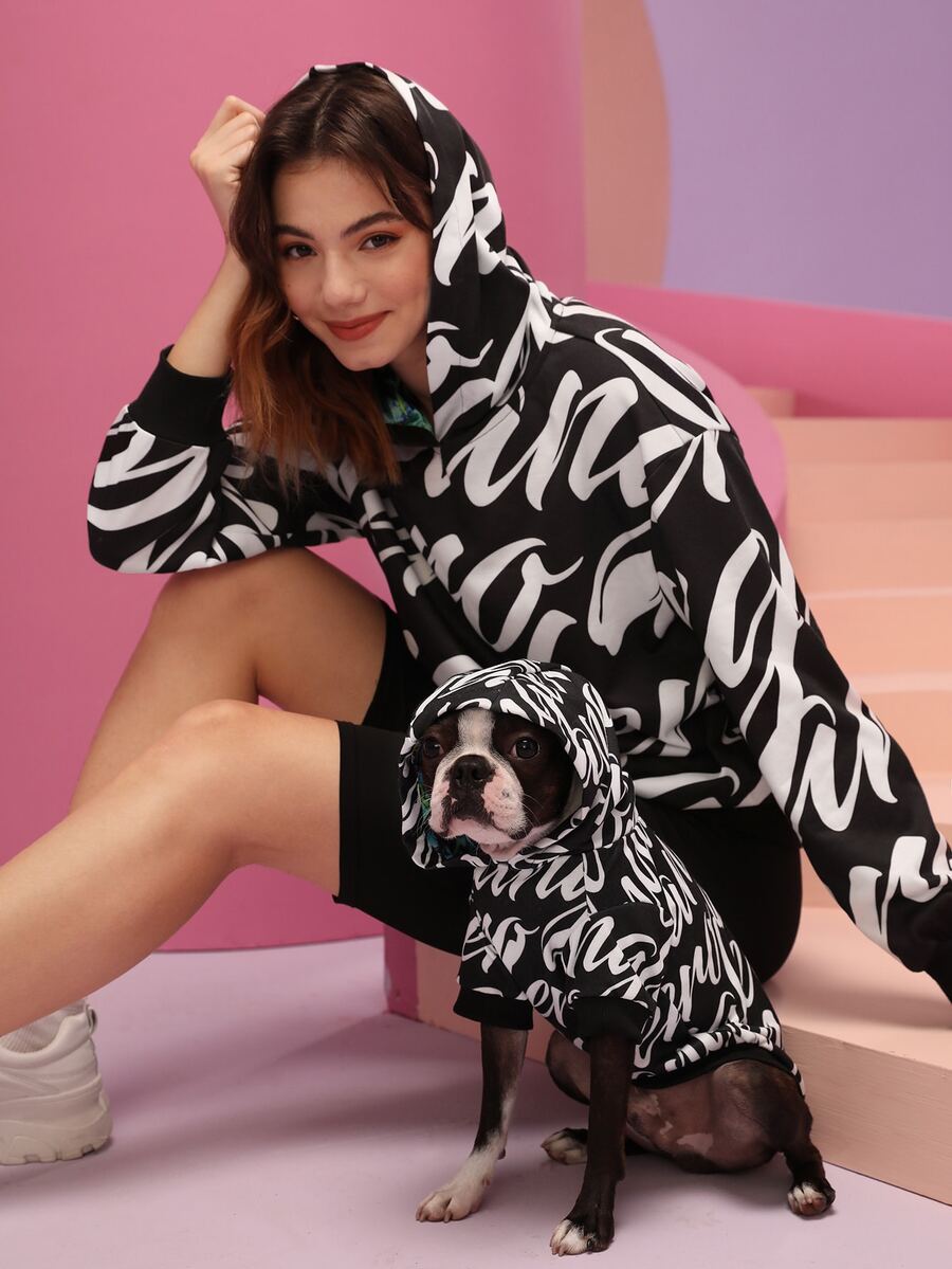 Juan Carlos Angleró 字母圖案落肩袖連帽衫 - 黑與白 - 查看 1