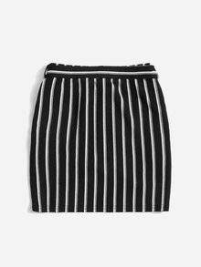 SHEIN Váy Gái Thắt lưng Túi Chia Sọc Ăn mặc đẹp - màu đen - Xem 2