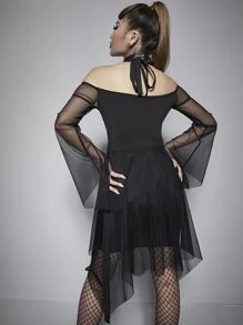 Gothic Halter Off Shoulder Hanky Hem Mesh Dress Without Belt - Black - View 2