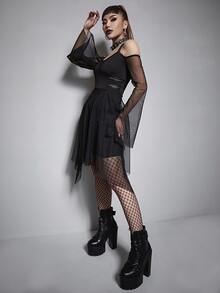 Gothic Halter Off Shoulder Hanky Hem Mesh Dress Without Belt - Black - View 3