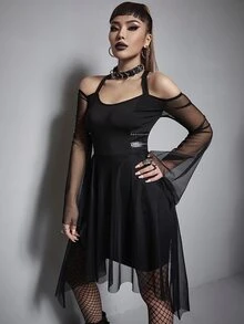 Gothic Halter Off Shoulder Hanky Hem Mesh Dress Without Belt - Black - View 4