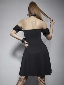 Vestido de hombros descubiertos con cordón delantero - Negro - Ver 2