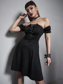 Vestido de hombros descubiertos con cordón delantero - Negro - Ver 5