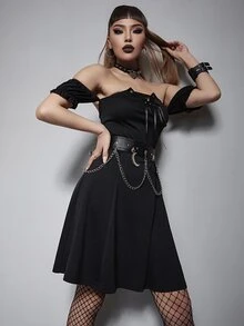 Vestido de hombros descubiertos con cordón delantero - Negro - Ver 6