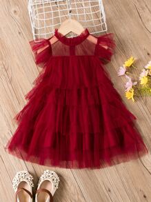 SHEIN Glamorique Kids Young Girls Princess Dress With Frill Collar, Ruffle Sleeve And Mesh Skirt, Back Zipper Closure, Elegant Party Dress For Summer - Burgundy - View 1