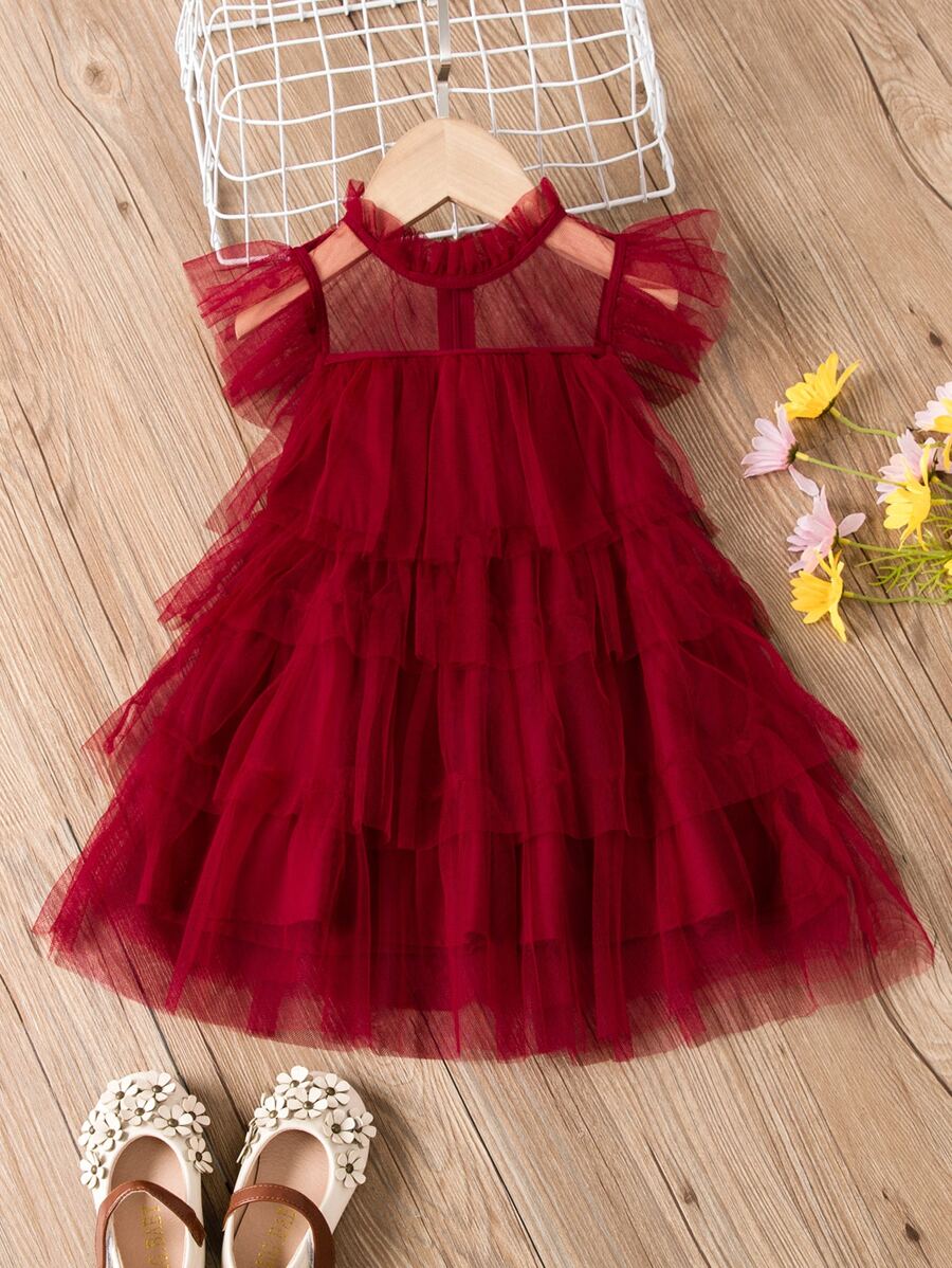 SHEIN Glamorique Kids Young Girls Princess Dress With Frill Collar, Ruffle Sleeve And Mesh Skirt, Back Zipper Closure, Elegant Party Dress For Summer - Burgundy - View 1