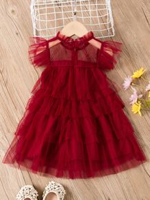 SHEIN Glamorique Kids Young Girls Princess Dress With Frill Collar, Ruffle Sleeve And Mesh Skirt, Back Zipper Closure, Elegant Party Dress For Summer - Burgundy - View 2