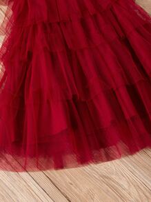 SHEIN Glamorique Kids Young Girls Princess Dress With Frill Collar, Ruffle Sleeve And Mesh Skirt, Back Zipper Closure, Elegant Party Dress For Summer - Burgundy - View 3