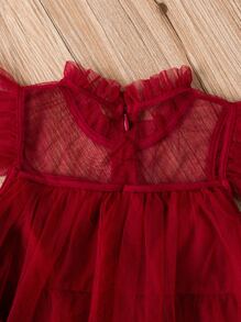 SHEIN Glamorique Kids Young Girls Princess Dress With Frill Collar, Ruffle Sleeve And Mesh Skirt, Back Zipper Closure, Elegant Party Dress For Summer - Burgundy - View 4