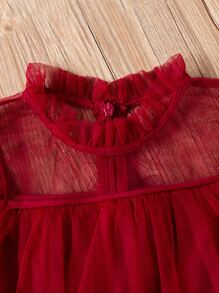 SHEIN Glamorique Kids Young Girls Princess Dress With Frill Collar, Ruffle Sleeve And Mesh Skirt, Back Zipper Closure, Elegant Party Dress For Summer - Burgundy - View 5