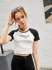 SHEIN Teen Girls Raglan Sleeve Slogan Graphic Top - White - View 4