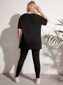 Mulvari 大碼迷彩印花補丁貼口袋落肩T恤和緊身打底褲 - 黑色 - 查看 2