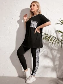 Mulvari 大碼迷彩印花補丁貼口袋落肩T恤和緊身打底褲 - 黑色 - 查看 3