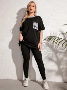 Mulvari 大碼迷彩印花補丁貼口袋落肩T恤和緊身打底褲 - 黑色 - 查看 5