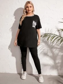 Mulvari 大碼迷彩印花補丁貼口袋落肩T恤和緊身打底褲 - 黑色 - 查看 7