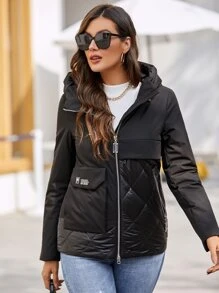 標語圖案補丁細節連帽絎縫外套 - 黑色 - 查看 1