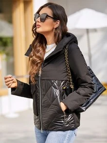 標語圖案補丁細節連帽絎縫外套 - 黑色 - 查看 3