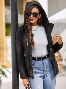 標語圖案補丁細節連帽絎縫外套 - 黑色 - 查看 6