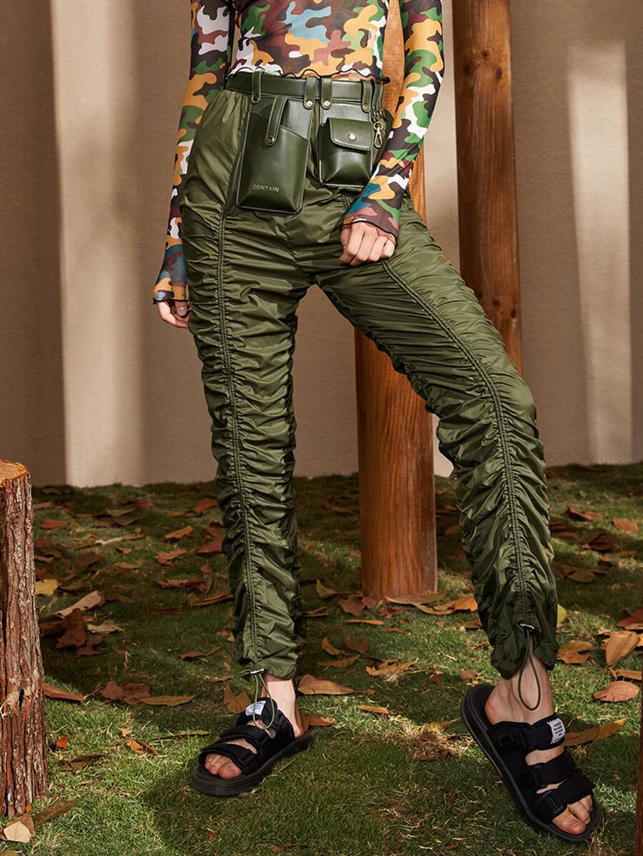 SHEINNeu Drawstring Ruched Pants Without Bag - Army Green - View 1