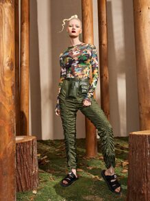 SHEINNeu Drawstring Ruched Pants Without Bag - Army Green - View 3