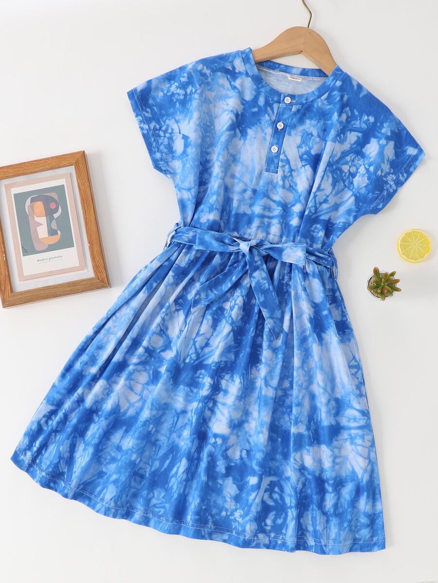 女孩紮染蝙蝠袖前紐扣繫腰帶洋裝 - 藍色 - 查看 1