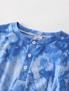 女孩紮染蝙蝠袖前紐扣繫腰帶洋裝 - 藍色 - 查看 4