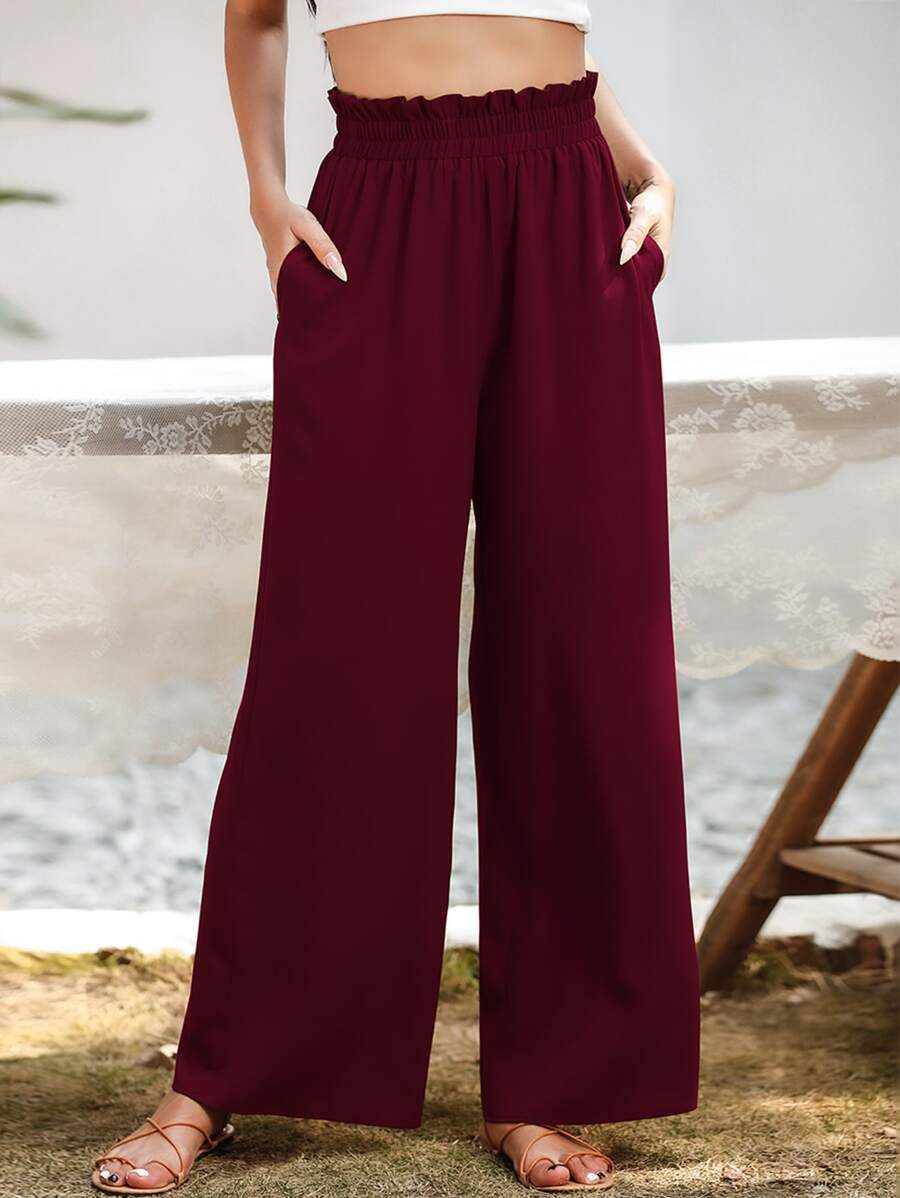 SHEIN LUNE Paper Bag Waist Wide Leg Trousers - Burgundy - View 1