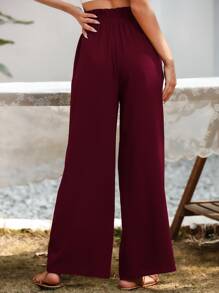 SHEIN LUNE Paper Bag Waist Wide Leg Trousers - Burgundy - View 2