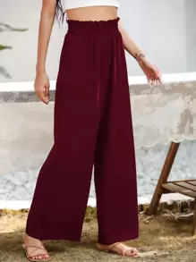 SHEIN LUNE Paper Bag Waist Wide Leg Trousers - Burgundy - View 3