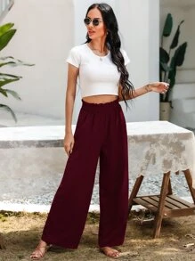 SHEIN LUNE Paper Bag Waist Wide Leg Trousers - Burgundy - View 4