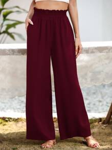 SHEIN LUNE Paper Bag Waist Wide Leg Trousers - Burgundy - View 5