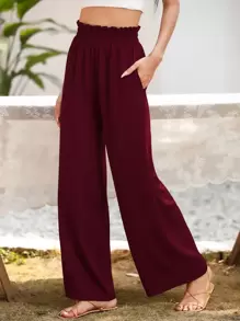 SHEIN LUNE Paper Bag Waist Wide Leg Trousers - Burgundy - View 6