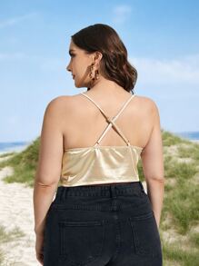 大碼垂褶領後背十字交叉緞面吊帶上衣 - 杏色 - 查看 2