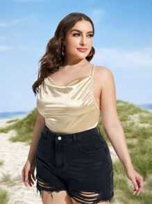 大碼垂褶領後背十字交叉緞面吊帶上衣 - 杏色 - 查看 3