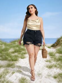 大碼垂褶領後背十字交叉緞面吊帶上衣 - 杏色 - 查看 5