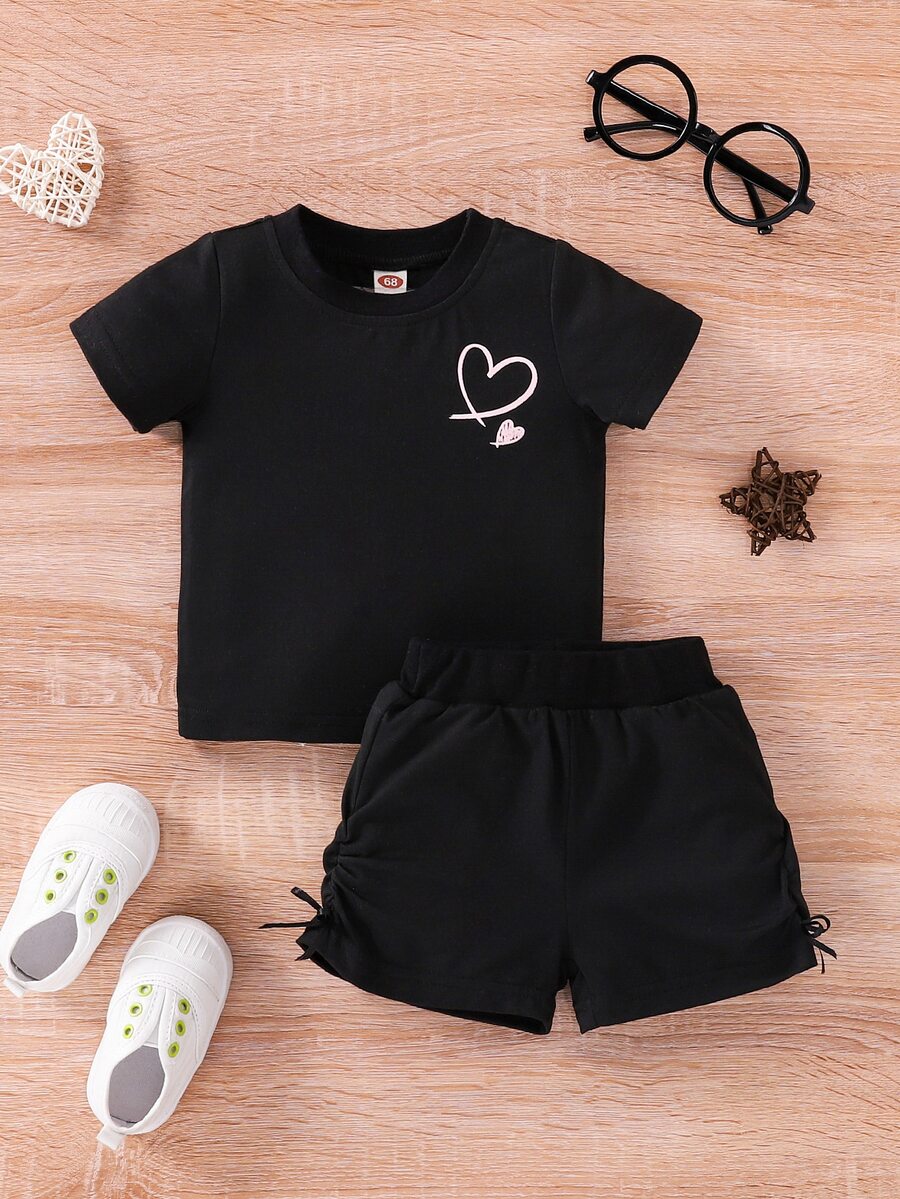 Baby Heart & Slogan Graphic Tee & Bow Detail Ruched Shorts - Black - View 1
