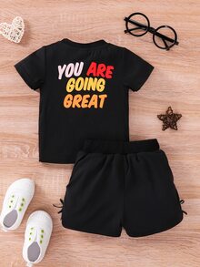Baby Heart & Slogan Graphic Tee & Bow Detail Ruched Shorts - Black - View 2