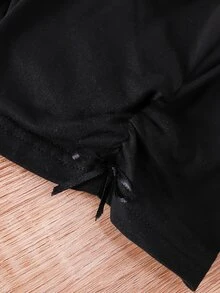 Baby Heart & Slogan Graphic Tee & Bow Detail Ruched Shorts - Black - View 3