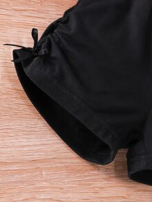 Baby Heart & Slogan Graphic Tee & Bow Detail Ruched Shorts - Black - View 5