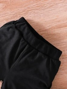 Baby Heart & Slogan Graphic Tee & Bow Detail Ruched Shorts - Black - View 7