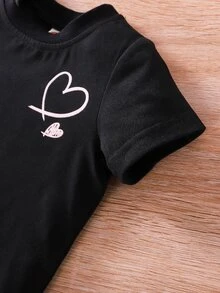 Baby Heart & Slogan Graphic Tee & Bow Detail Ruched Shorts - Black - View 8