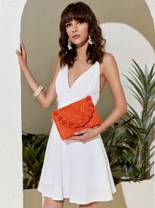 絨球裝飾草編手拿包 - 珊瑚橙 - 查看 7