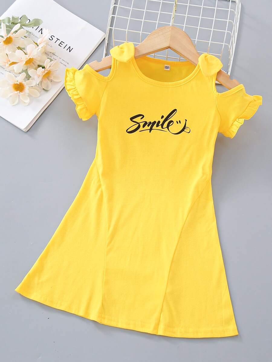 SHEIN Đầm bé gái Nơ Bướm Xù Lá thư Dễ thương - Màu vàng - Xem 1